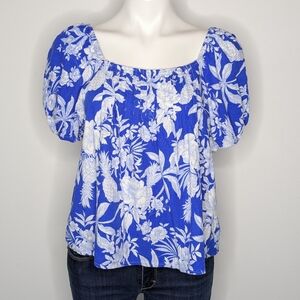 Land N Sea Blue White Floral Square Neck Puff Sleeve Linen Rayon Blend Blouse L